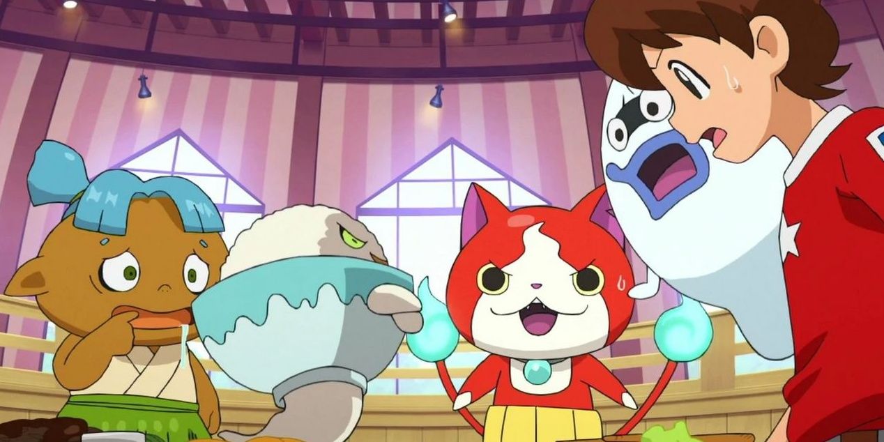 Wotchagot in front of Nate, Whisper, Jibanyan, and Grubsnitch in Yo-Kai Watch