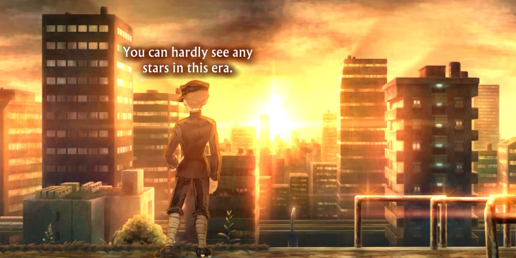 Miura ponders the 1985 city skyline in 13 Sentinels: Aegis Rim