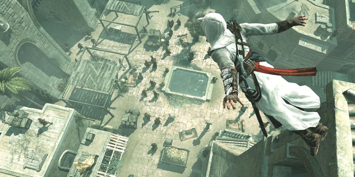 Altair leaps into the air in Assassin's Creed