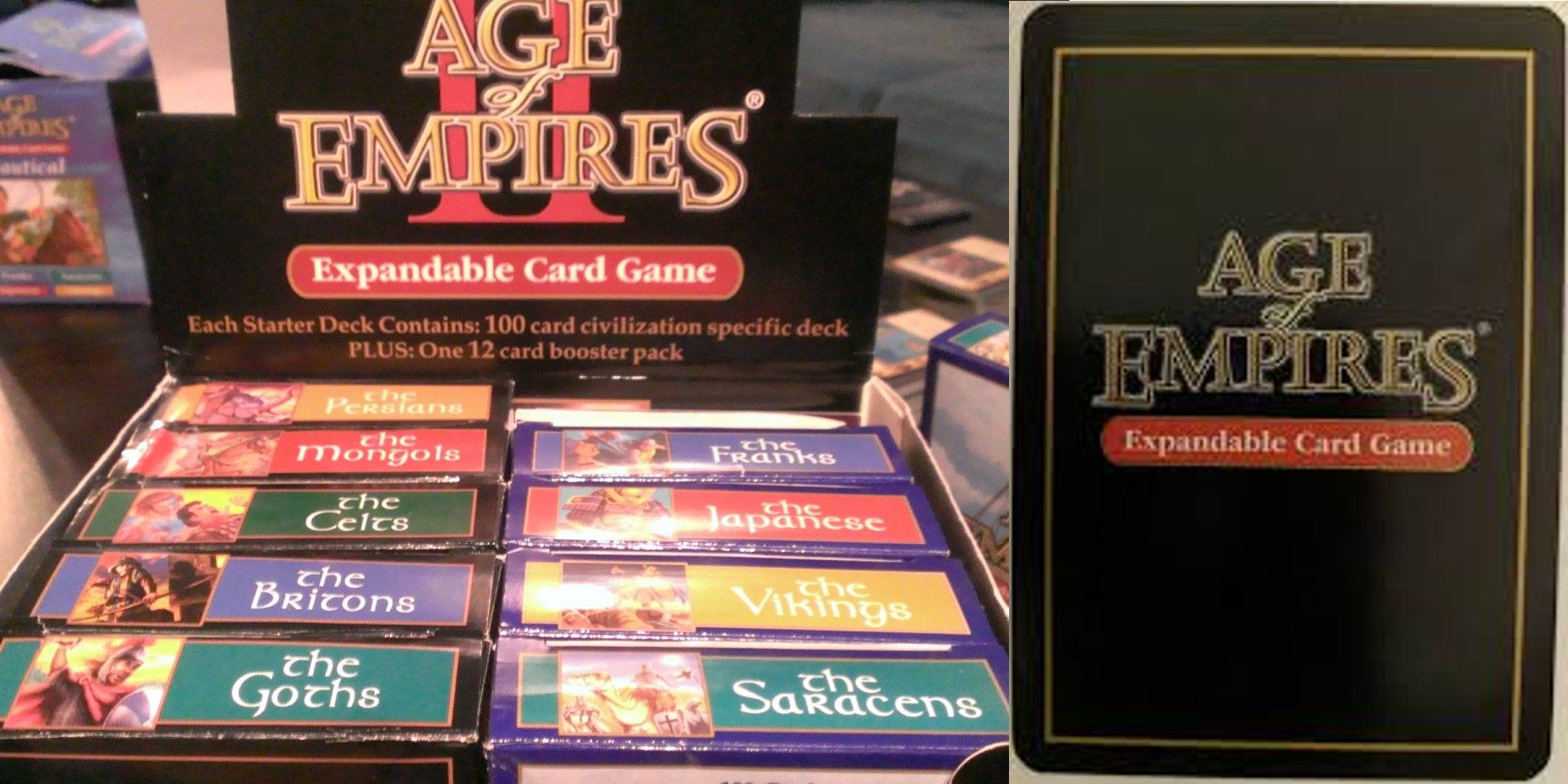 Booster boxes for different sets and the card back for the Age of Empires TCG