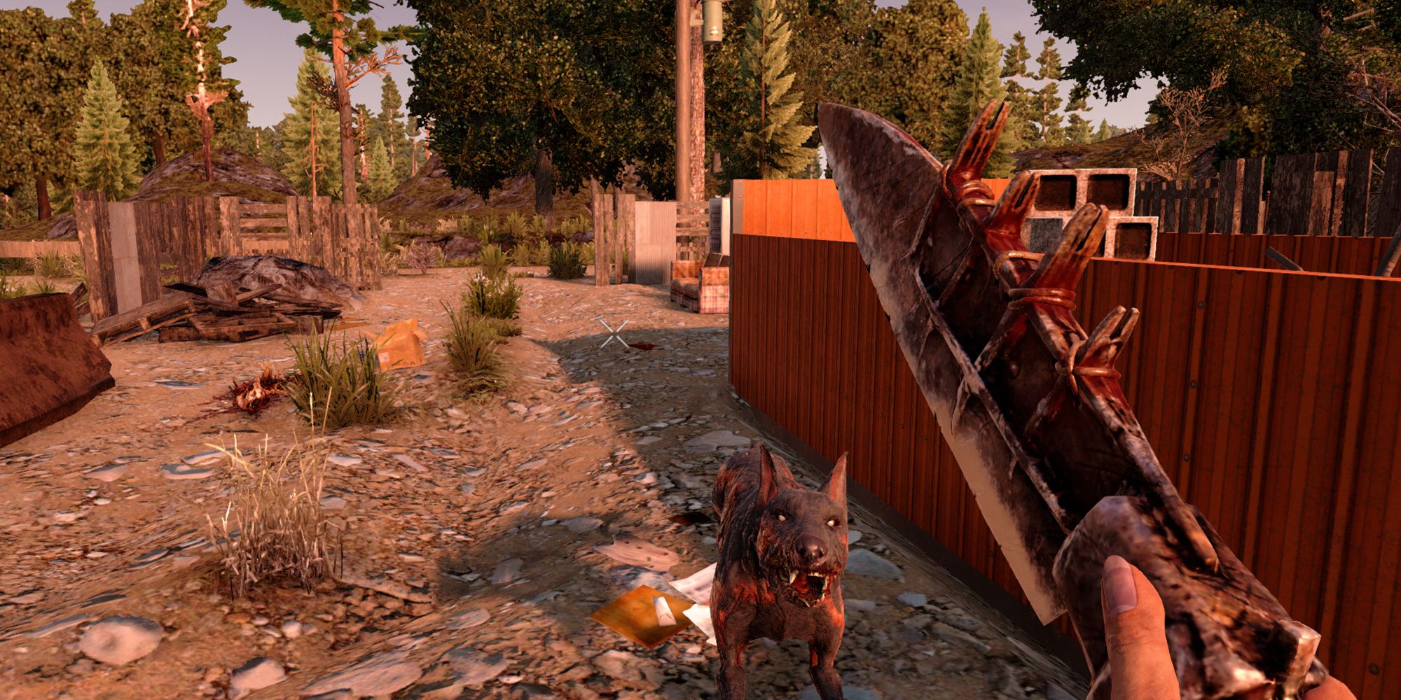 7 Days To Die fighting a zombie dog with a melee weapon.