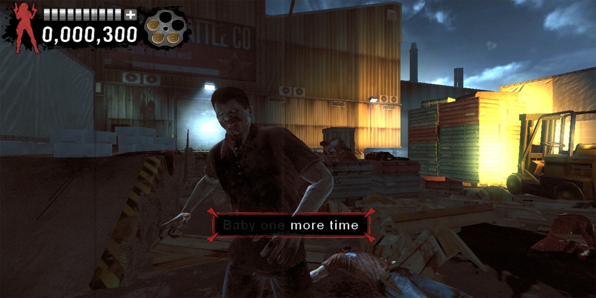 Varla shoots a zombie with the phrase, "Baby One More Time," outside an abandoned slaughterhouse in  The Typing Of The Dead Overkill