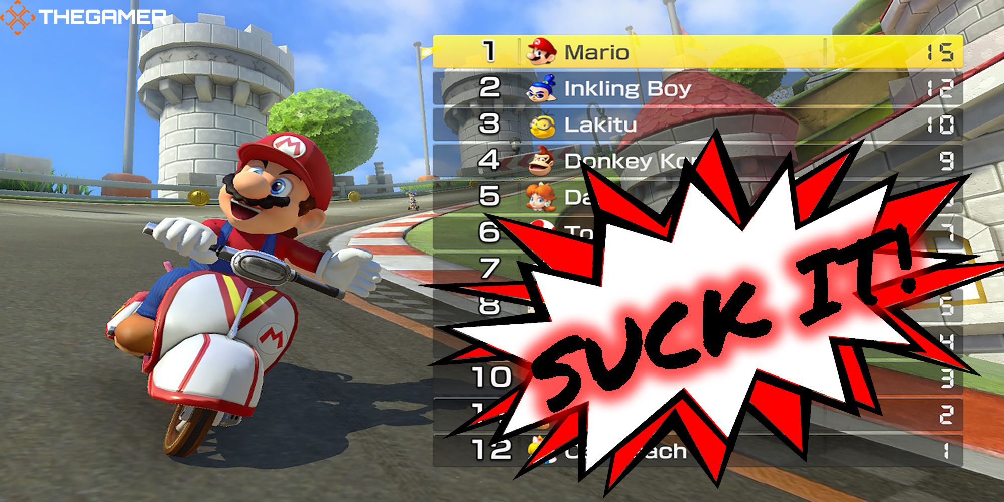 Mario takes a victory lap around Mario Circuit in Mario Kart 8 Deluxe. A speech bubble tells other racers to "Suck It!"