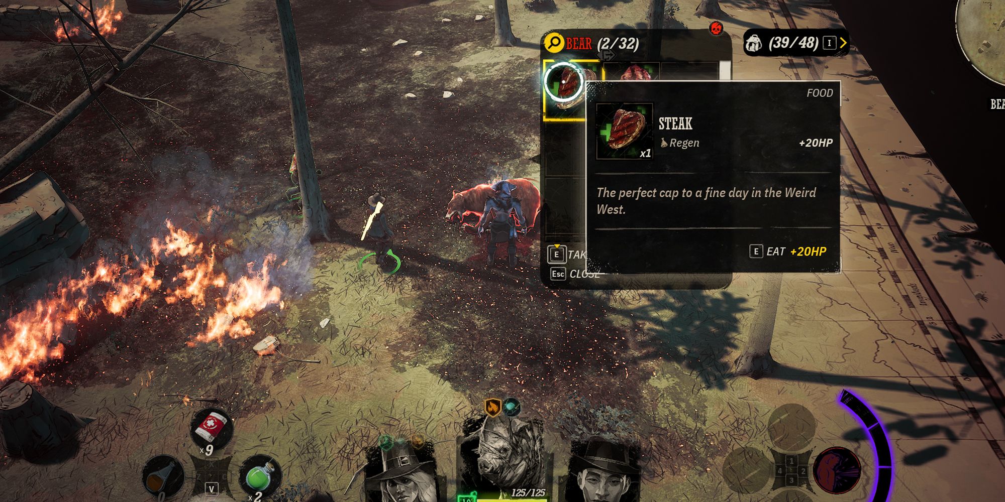 Weird West body burning with cooked meat.