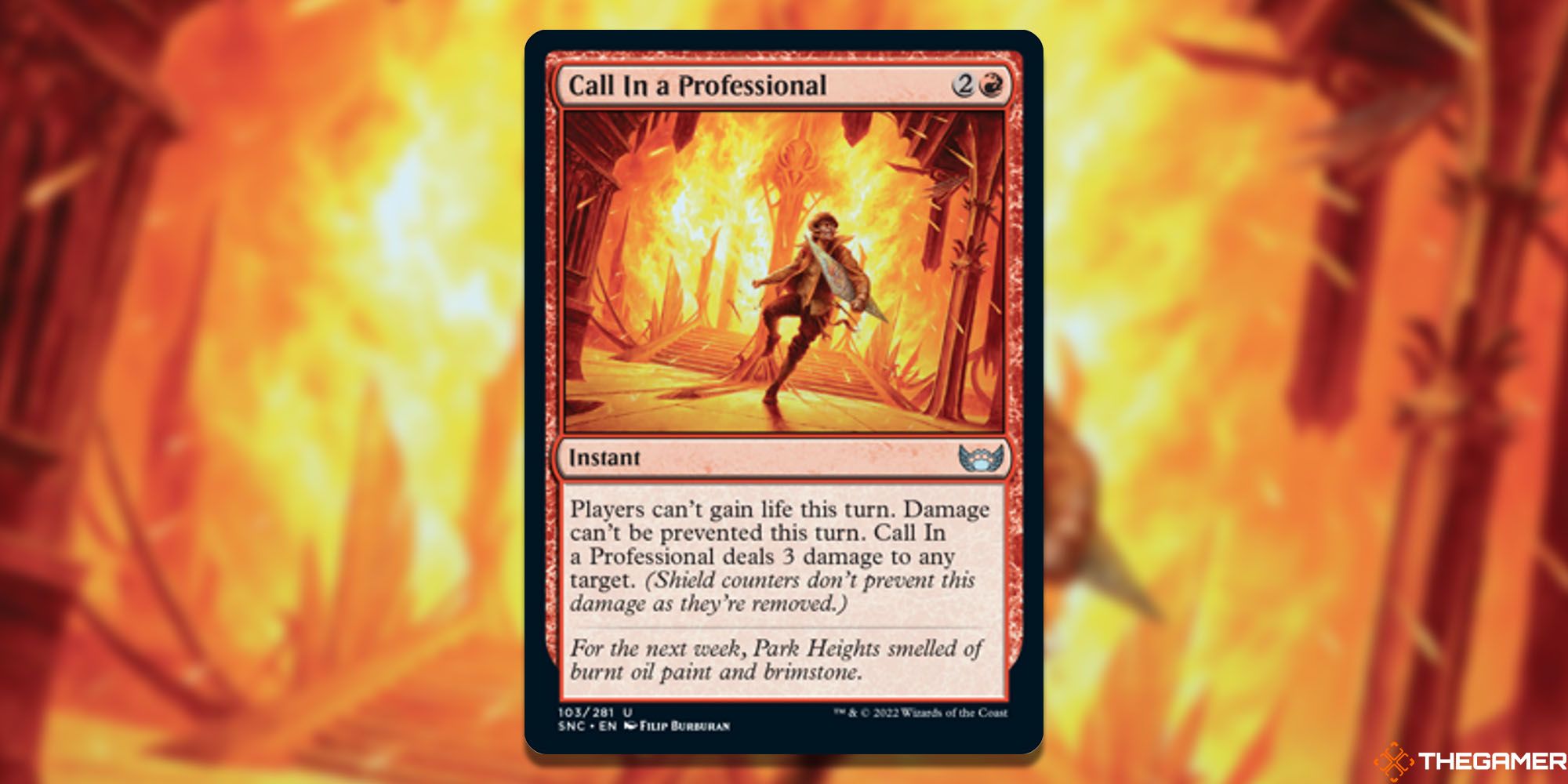 Devil thief runs from burning building flames