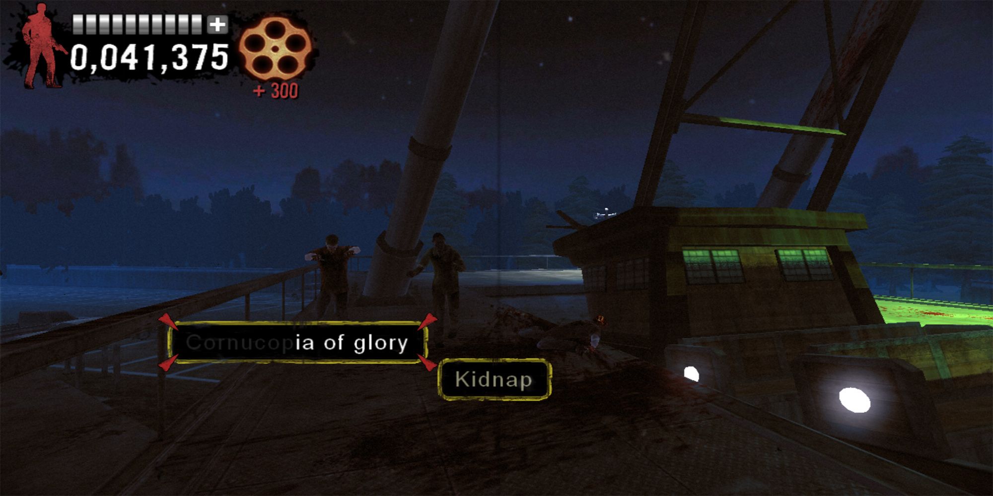 Agent G shoots a zombie with the phrase, "Cornucopia Of Glory," near an abandoned carnival ride in The Typing Of The Dead Overkill