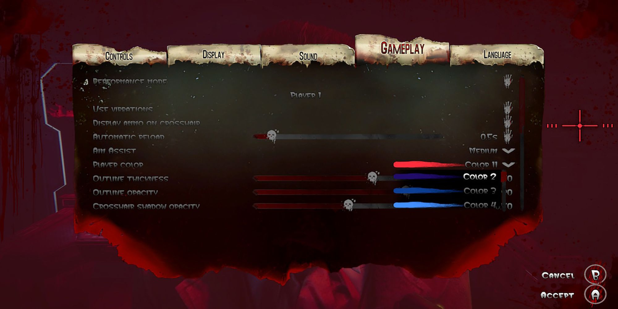 The list of colors available for your crosshair in The House Of The Dead: Remake Options menu.