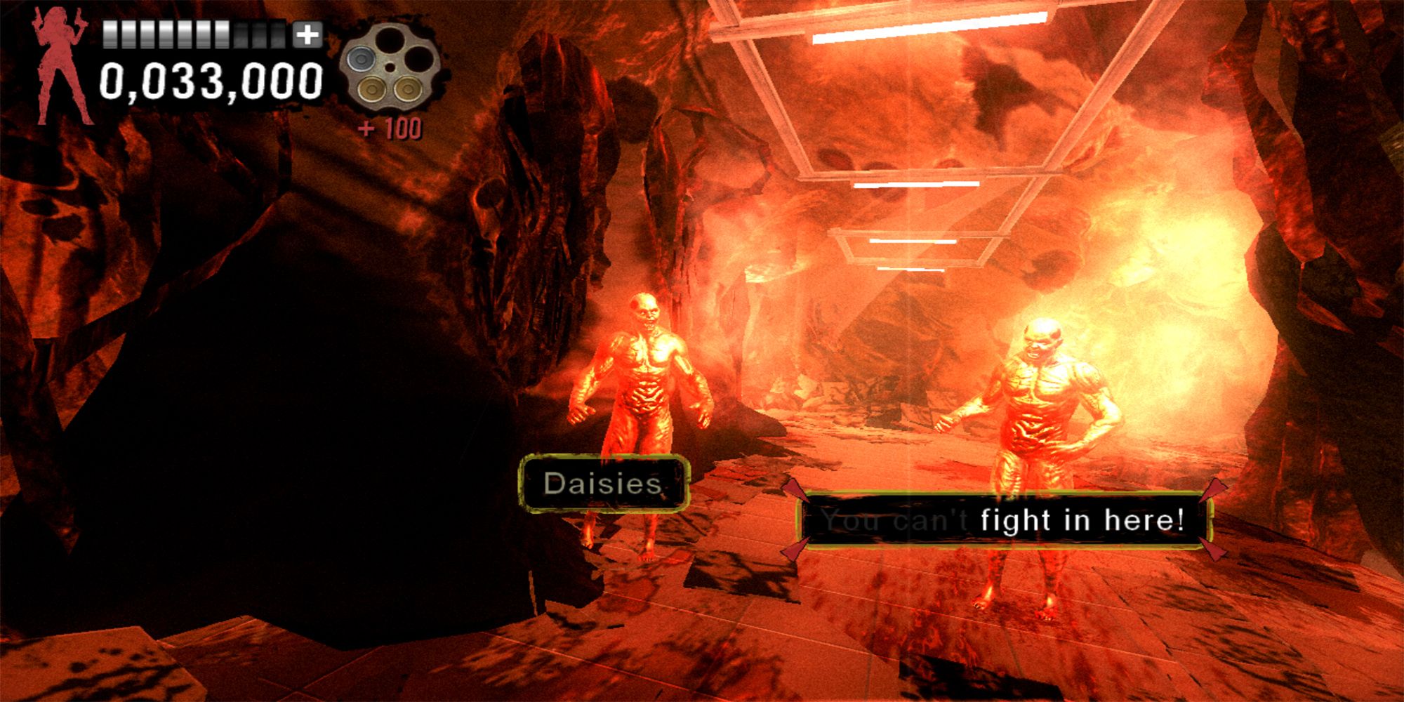 Varla shoots a zombie with the phrase, "You Can't Fight In Here," in a zombie-ridden slaughterhouse in  The Typing Of The Dead Overkill