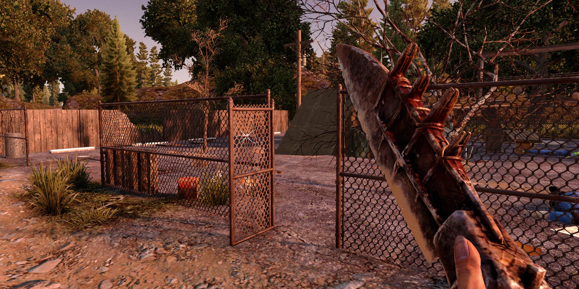 7 Days To Die spear equipped, standing next to a gate.