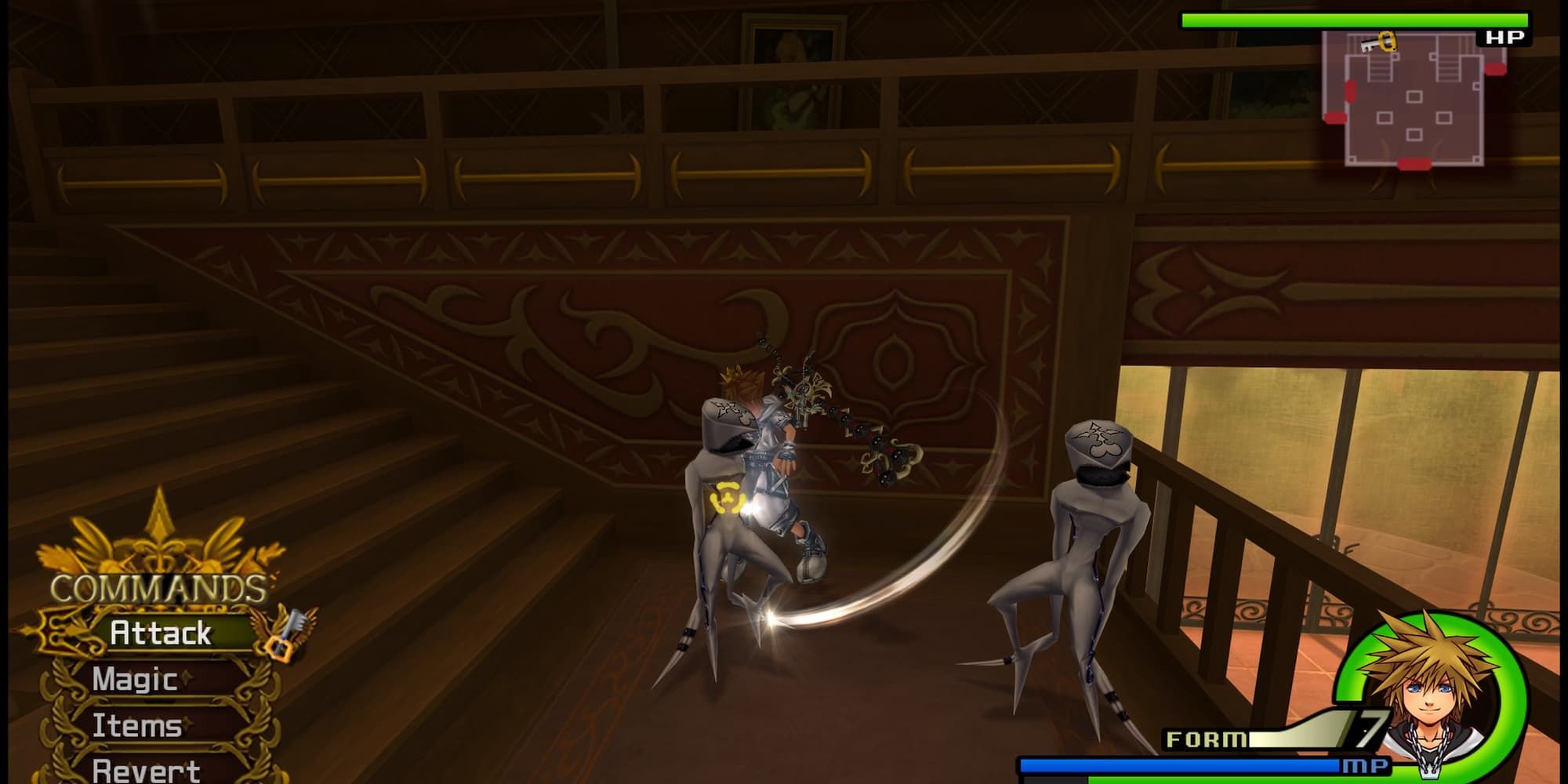 Sora fighting two Dusks in the mansion foyer