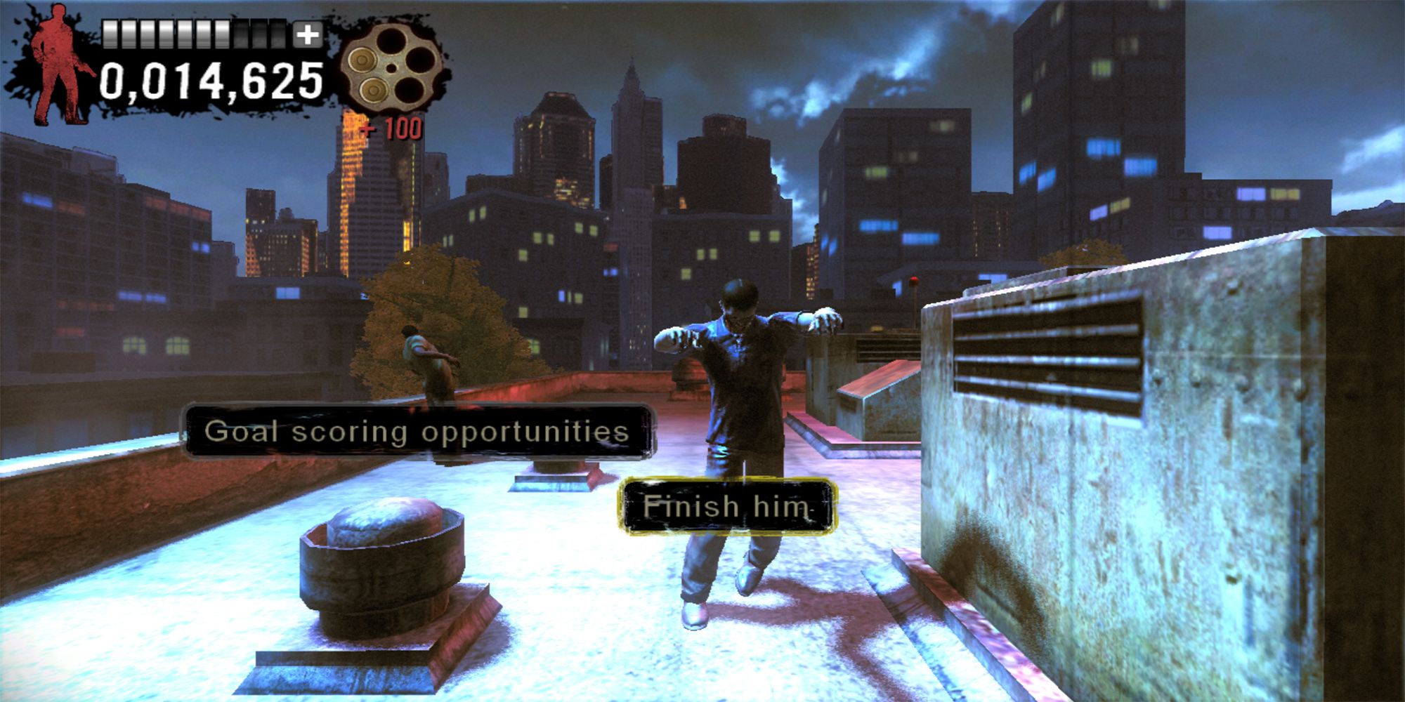 Agent G shoots a zombie with the phrase, "Finish Him," on the roof of a decimated hospital in The Typing Of The Dead Overkill