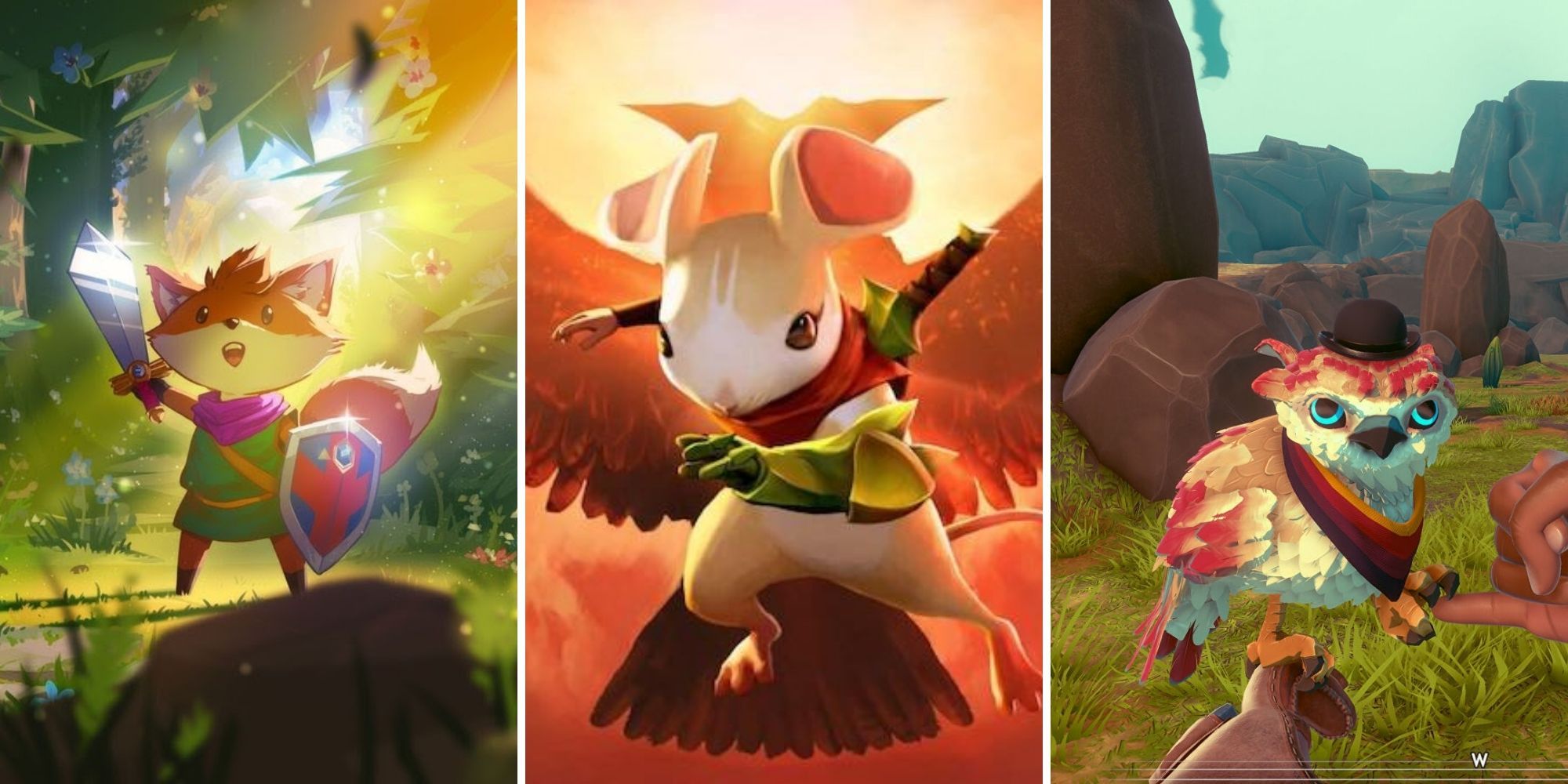 Fox From Tunic Holds His Sword In The Air, Quill From Moss Jumps Into The Air, Falcon from Falcon Age Plays With Finger