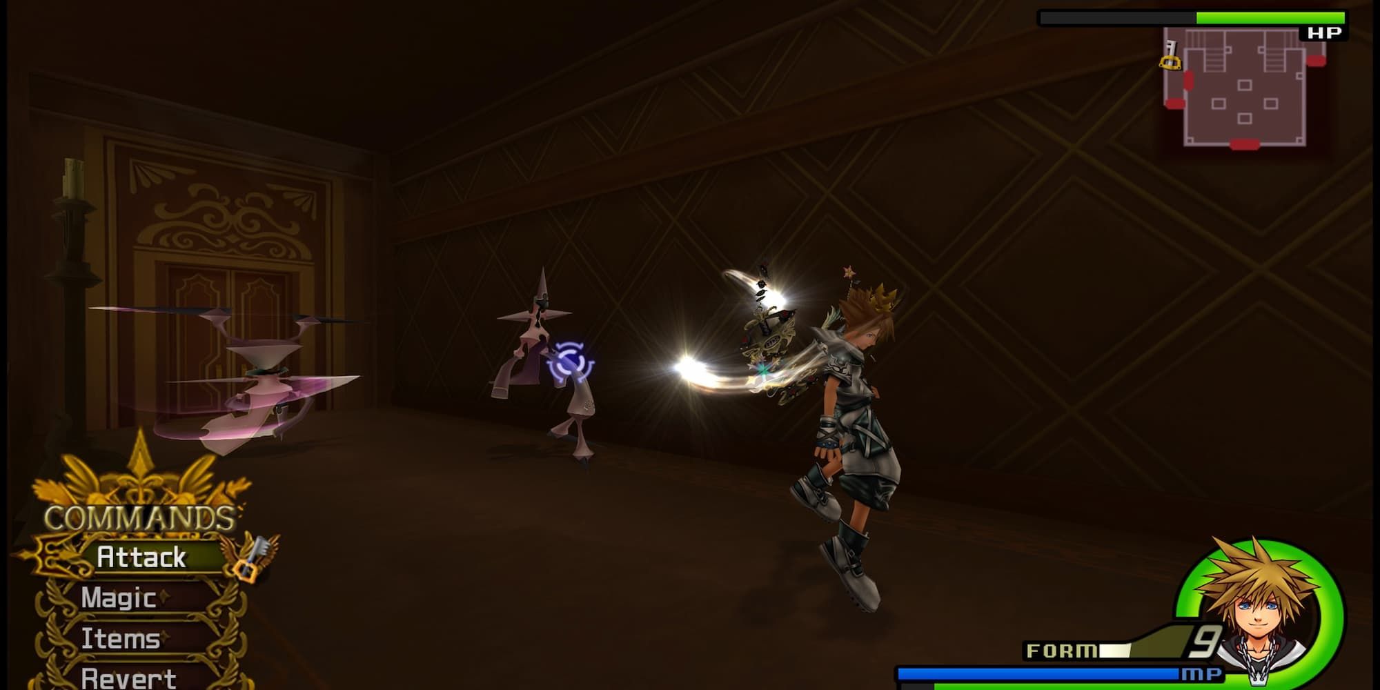 Sora fighting two Gamblers in the mansion foyer