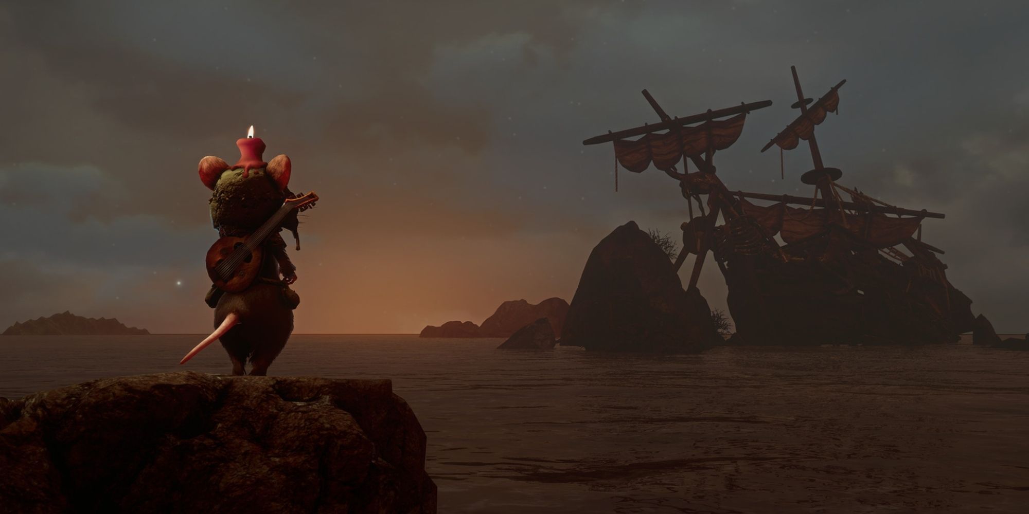 Ghost of a Tale Tilo Looks At A Shipwreck As A Candle Melts On His Head
