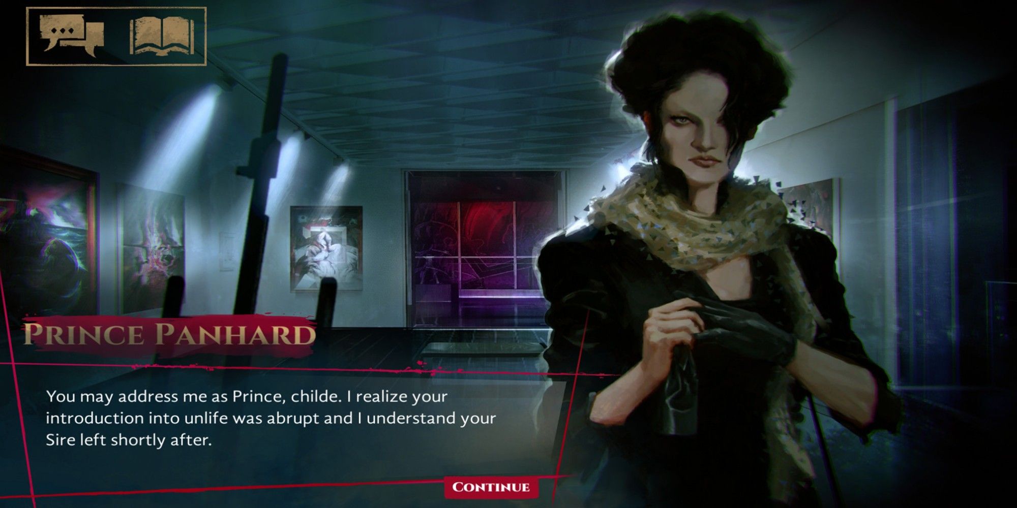 A character from Vampire: The Masquerade - Coteries of New York stands in a scarf and dress