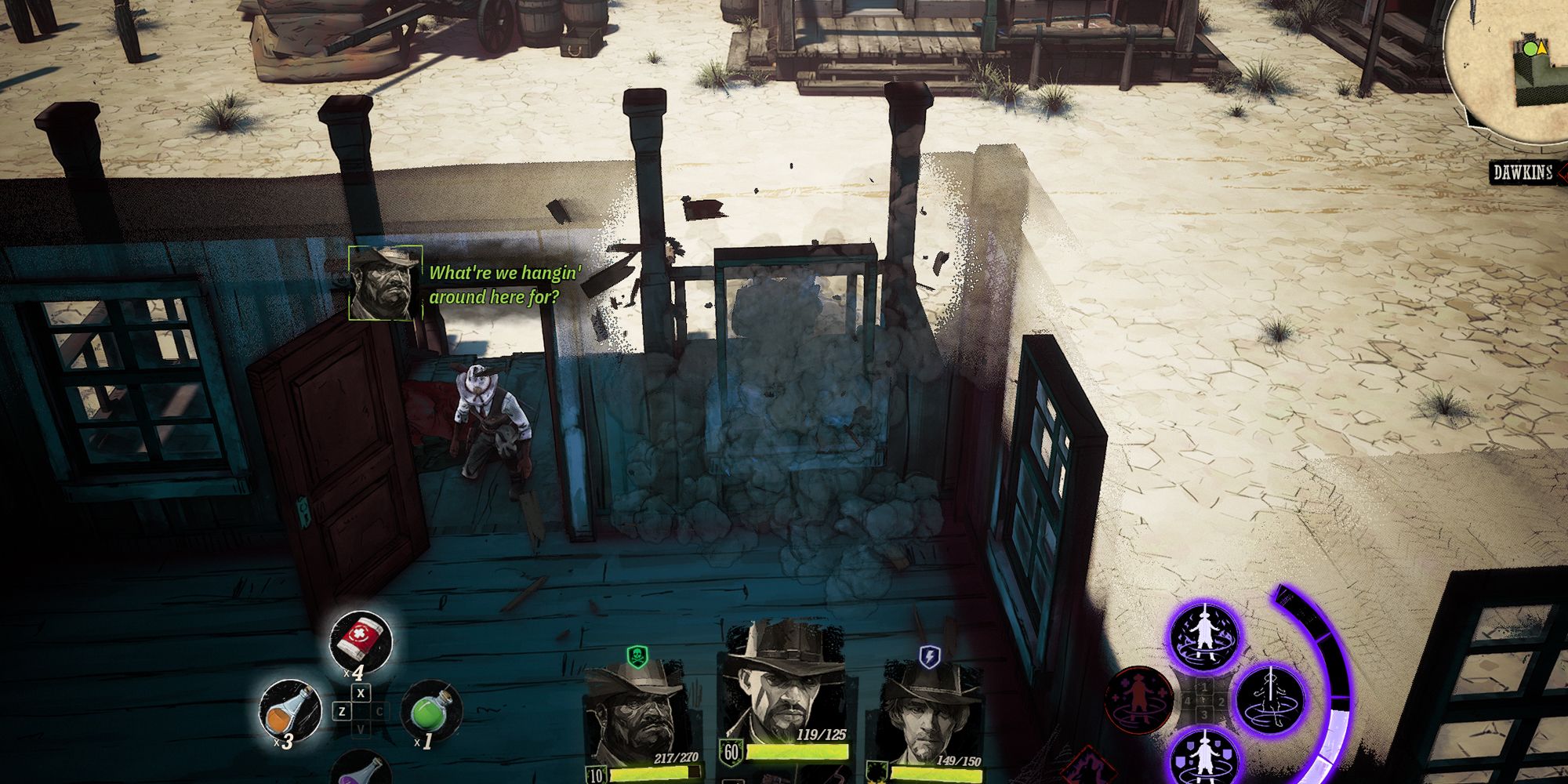 Weird West Dezi lunging himself through a closed window.