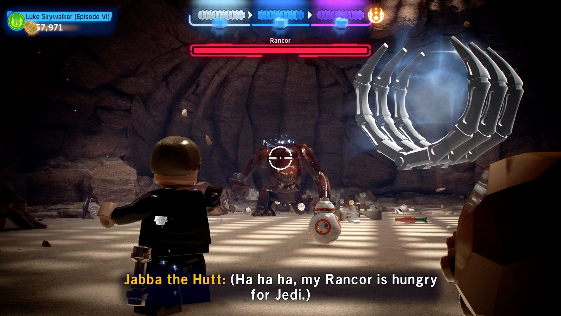 Luke throwing stuff at the Rancor