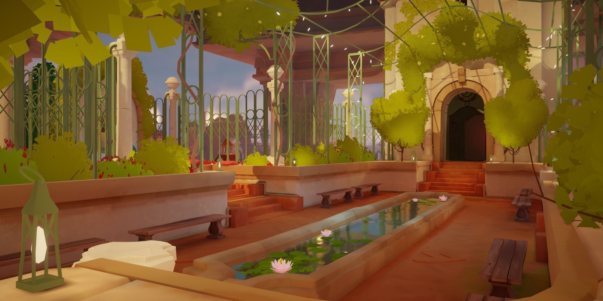 A gorgeous garden with a small pond in the middle from Maquette.