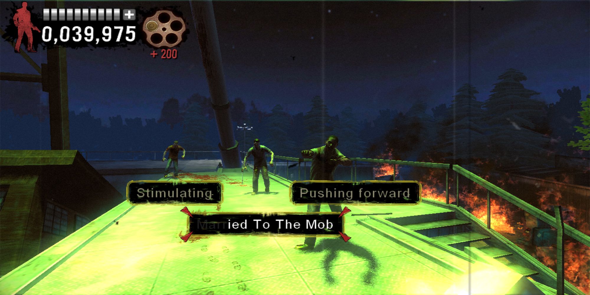 Agent G shoots zombies with the phrase, "Married To The Mob," near a carnival ride in The Typing Of The Dead: Overkill.