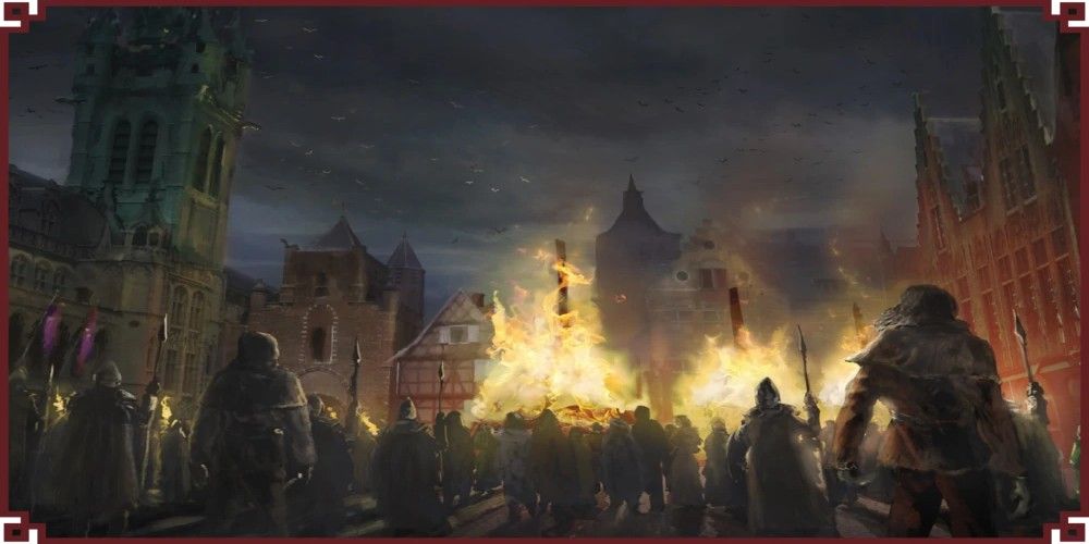 Painting of people standing in a city with bonfires burning from Vampire: The Masquerade