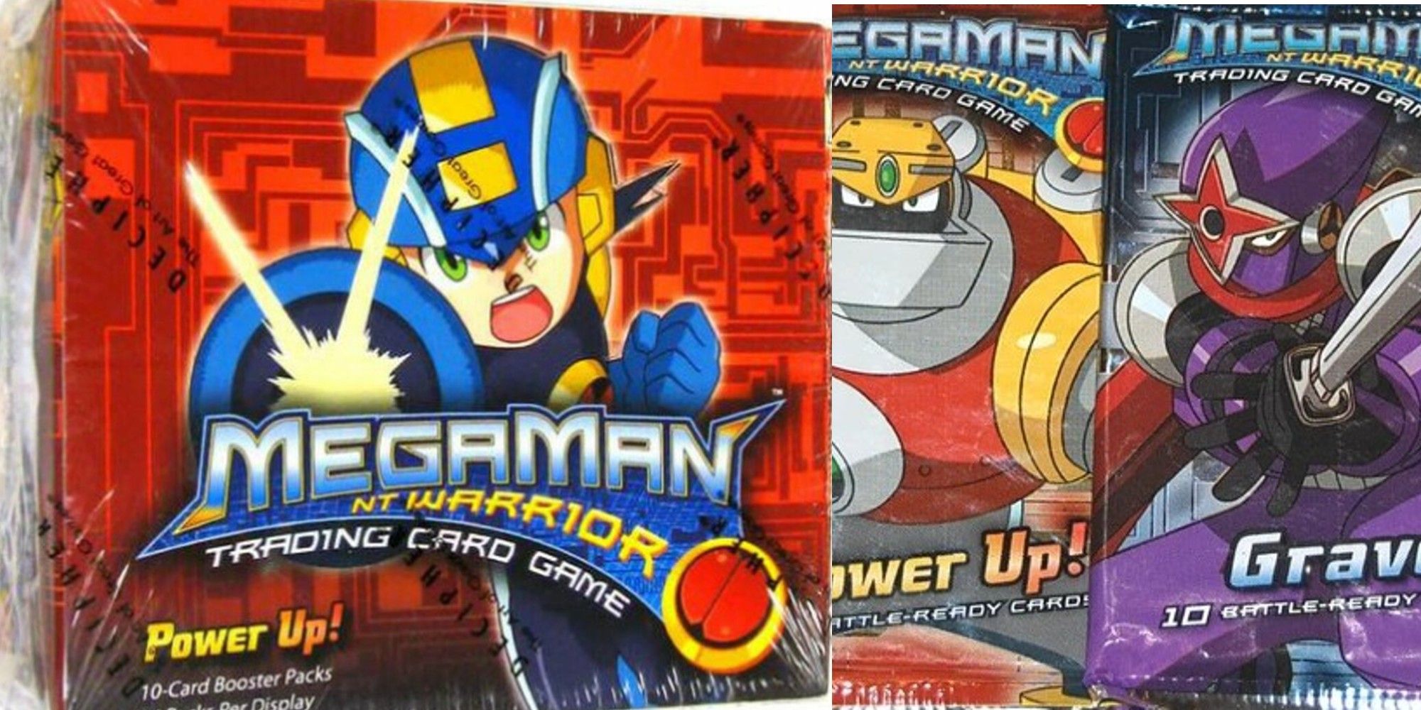 One booster box and two booster packs from the MegaMan NT Warrior TCG displaying different characters on each