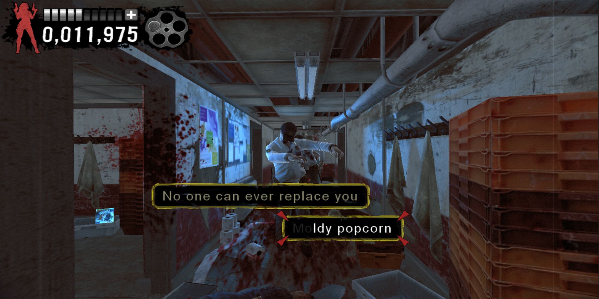 Detective Washington shoots a zombie with the phrase, "Moldy Popcorn," inside a hospital in The Typing Of The Dead Overkill