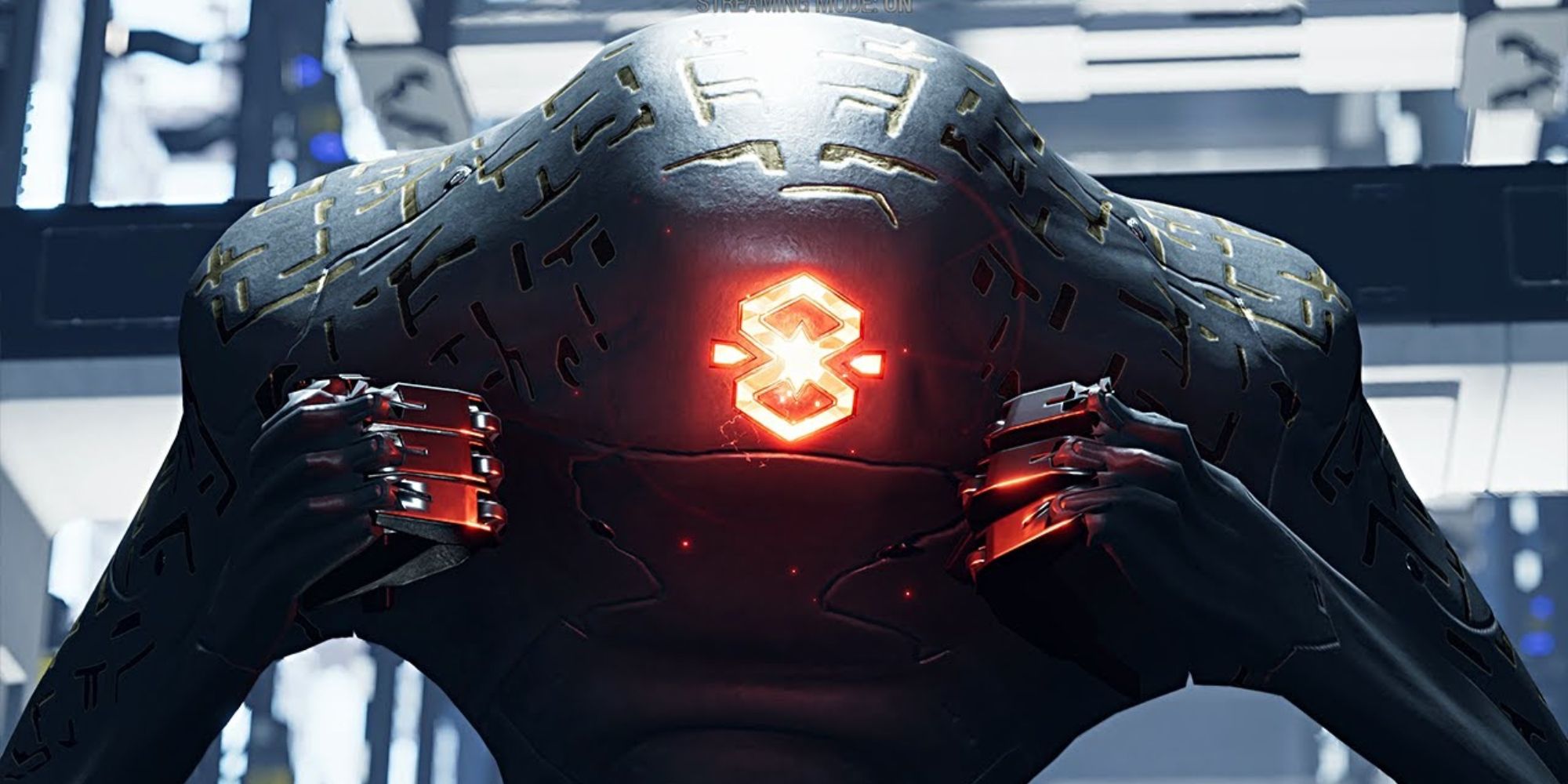 a close up of the robot Inquisitor from Guardians of the Galaxy looking intimidatingly at the player with its fists raised