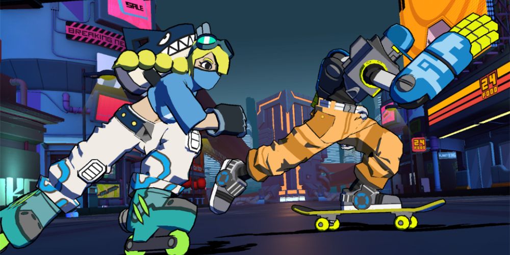 a wide shot of Jet and Switch from Lethal League: Blaze skating down a neon-lit street