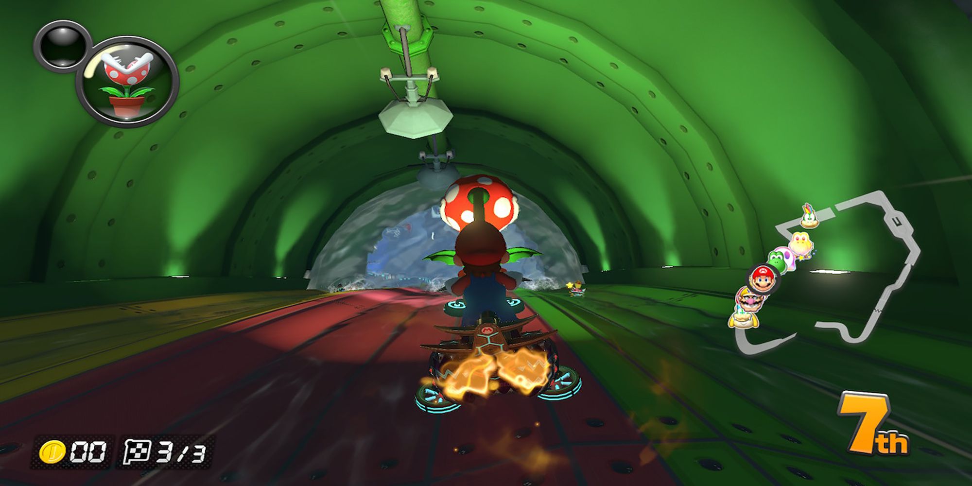 Mario unleashes a Piranha Plant in a race at Piranha Plant Slide in Mario Kart 8 Deluxe.