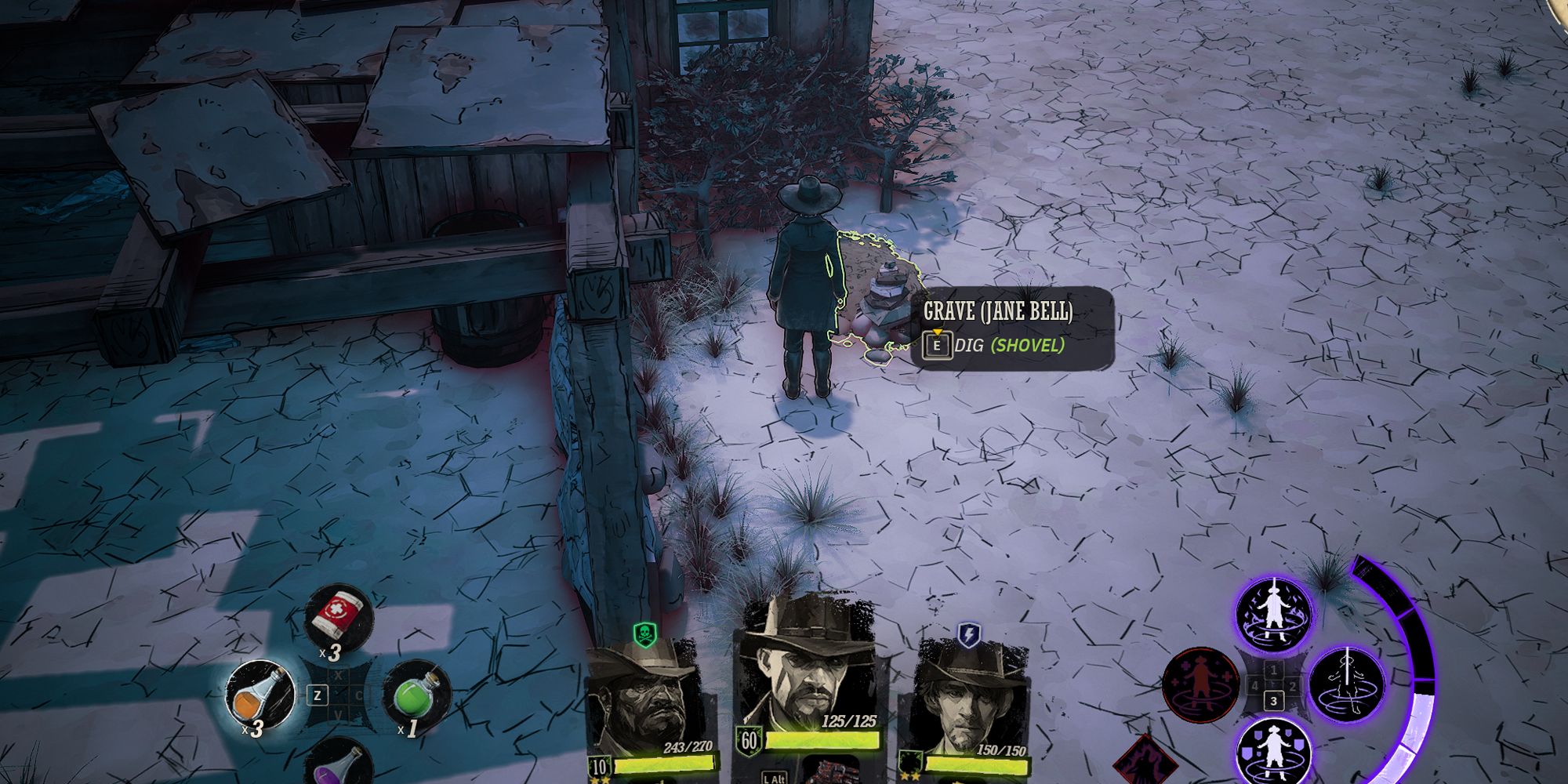 Weird West Dezi standing next to the grave of Jane Bell.