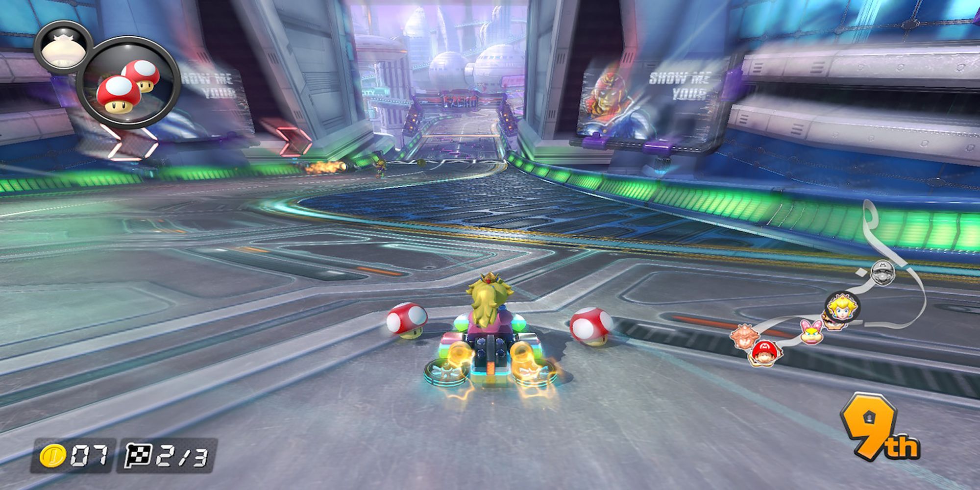 Peach speeds forward with a boost from red mushrooms in Mute City. Mario Kart 8 Deluxe.
