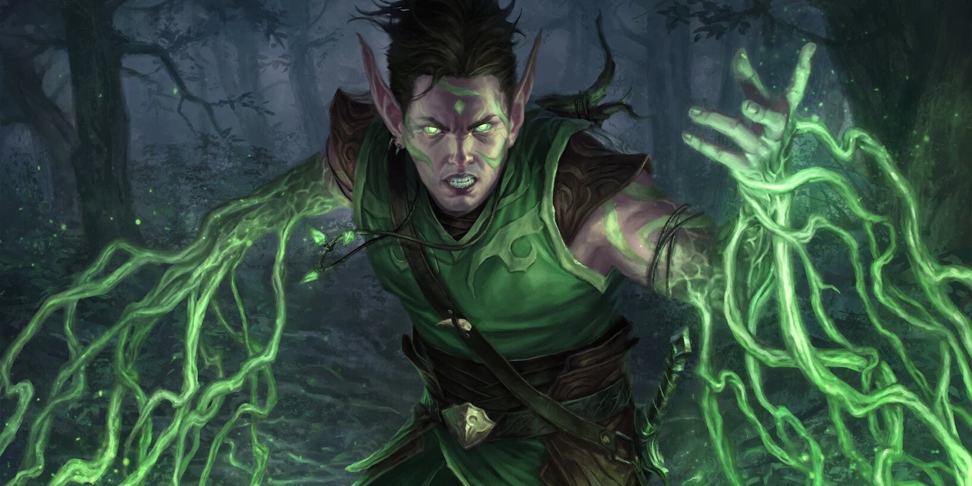 A male elf druid using magic to transform his arms into roots