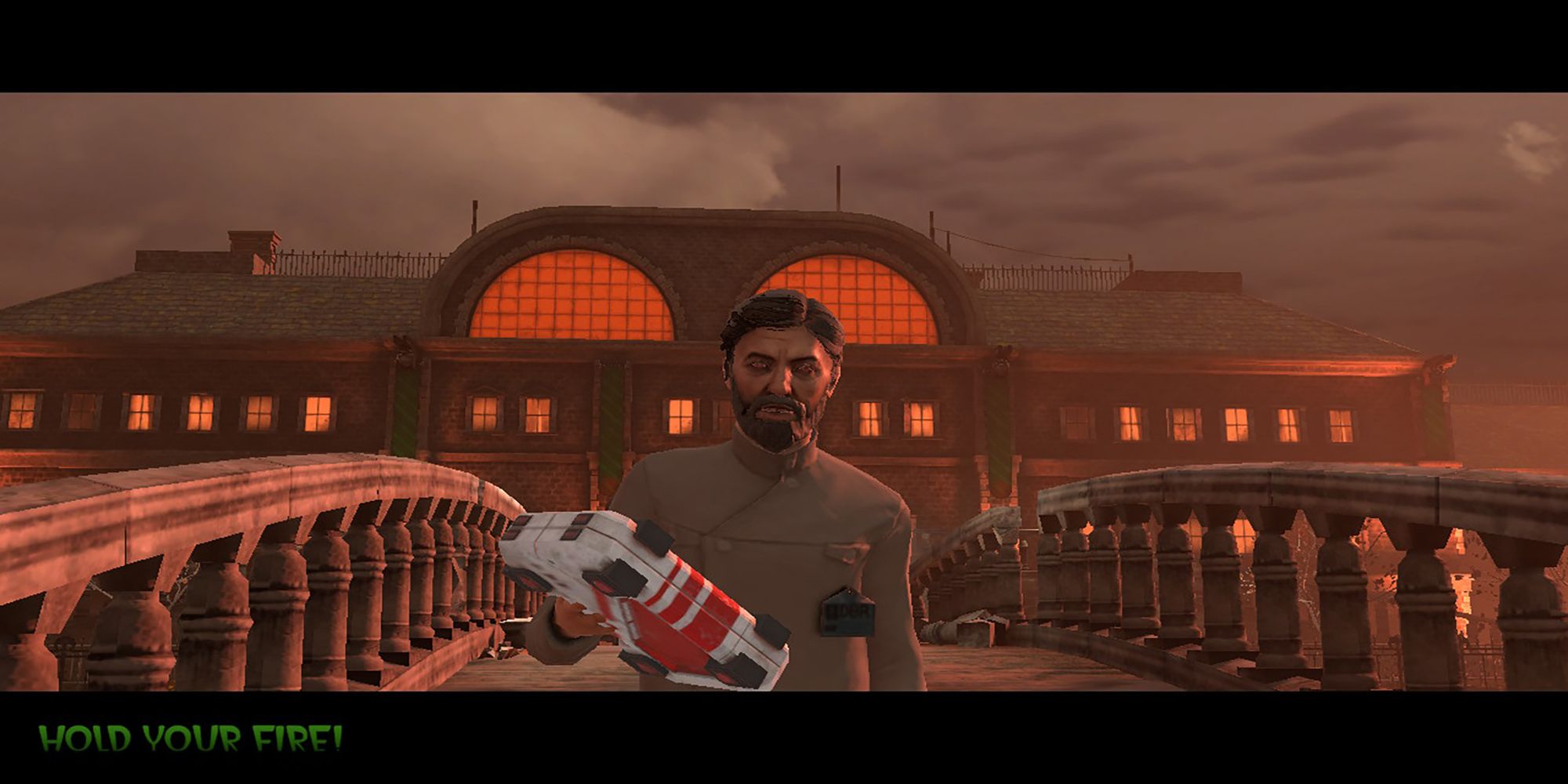 A scientist hands the player a first aid kid on a bridge at the entrance of Curien Mansion. The House Of The Dead: Remake.