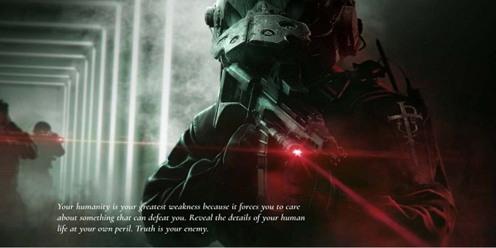 An armored soldier aims a rifle with a laser sight
