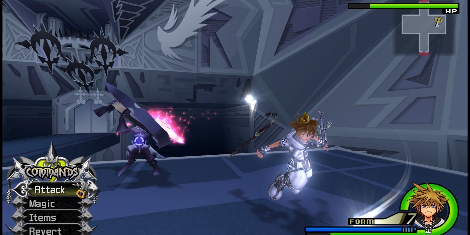 Sora fighting a Sniper wielding a giant crossbow