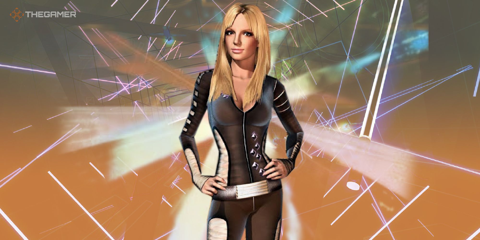 Britney Spears on a beat saber background