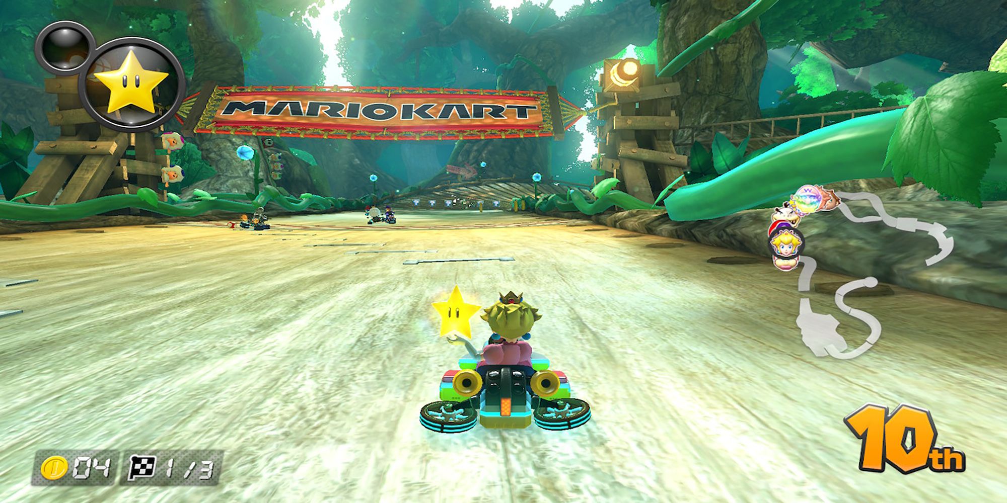 Peach holds a star in a race at Wild Woods in Mario Kart 8 Deluxe.