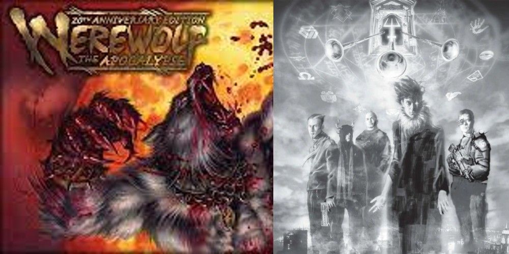 A werewolf fights another and a black and white drawing of multiple people with the Mage: The Ascension logo above them