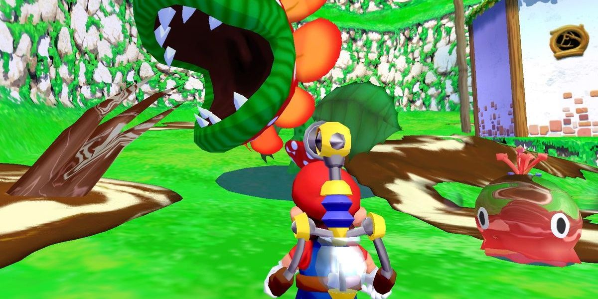 Mario, FLUDD, and a Piranha Plant in Super Mario Sunshine