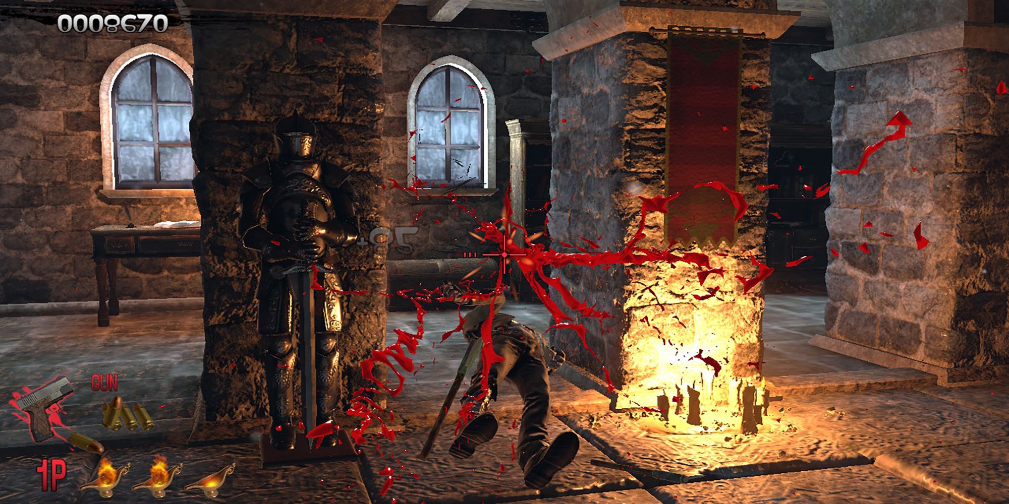 The player shoots down a zombie in a cobblestone hall in Curien Mansion. The House Of The Dead: Remake.