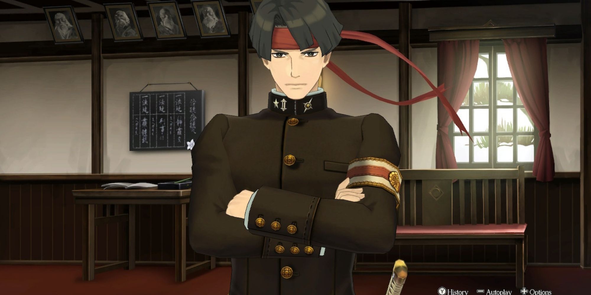 The Great Ace Attorney Chronicles Kazuma Asogi Looks Stern In The Antechamber Outside The Japanese Court