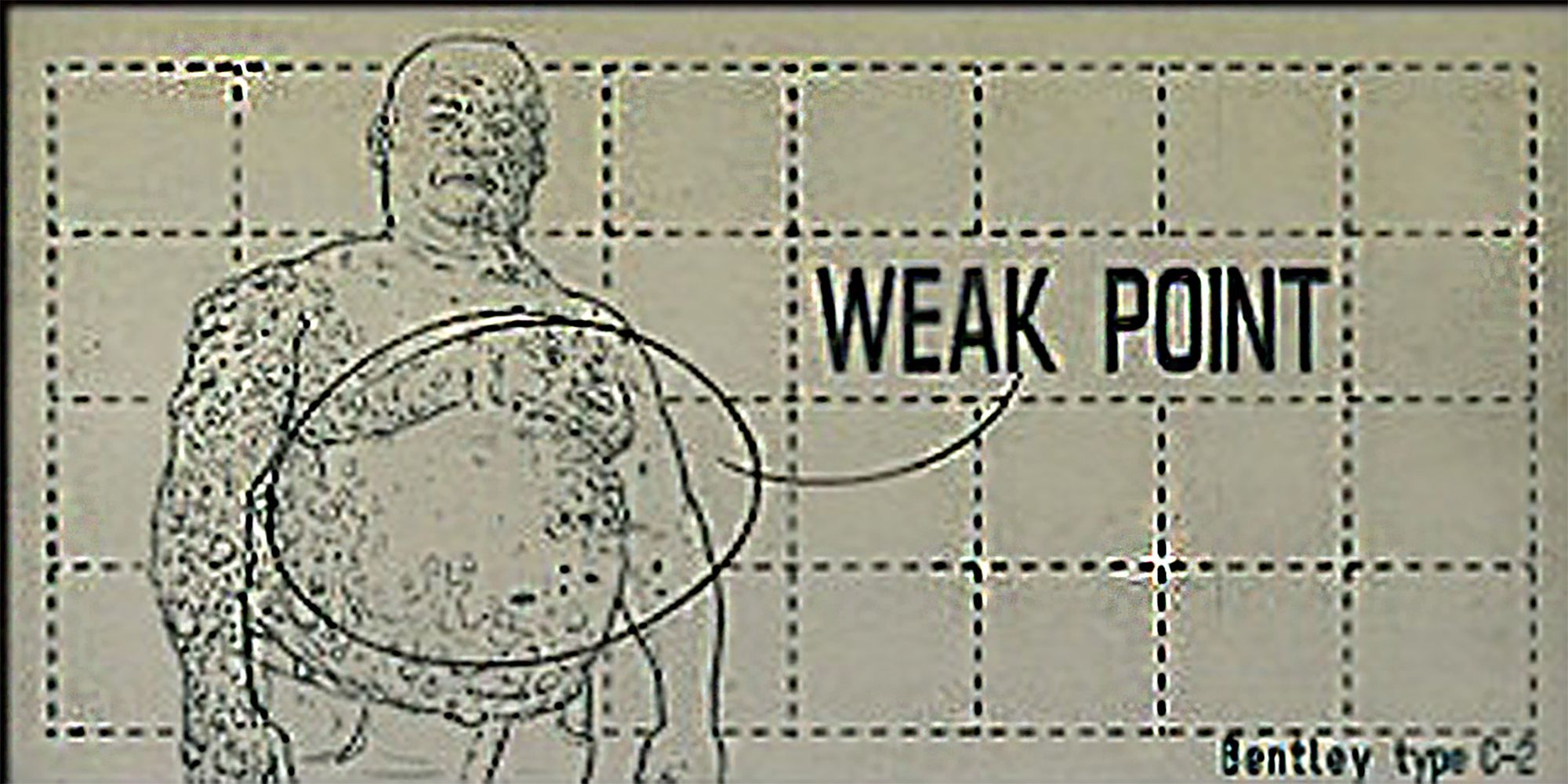 A diagram of Bentley's weak points from The House Of The Dead: Remake's Creature Library.