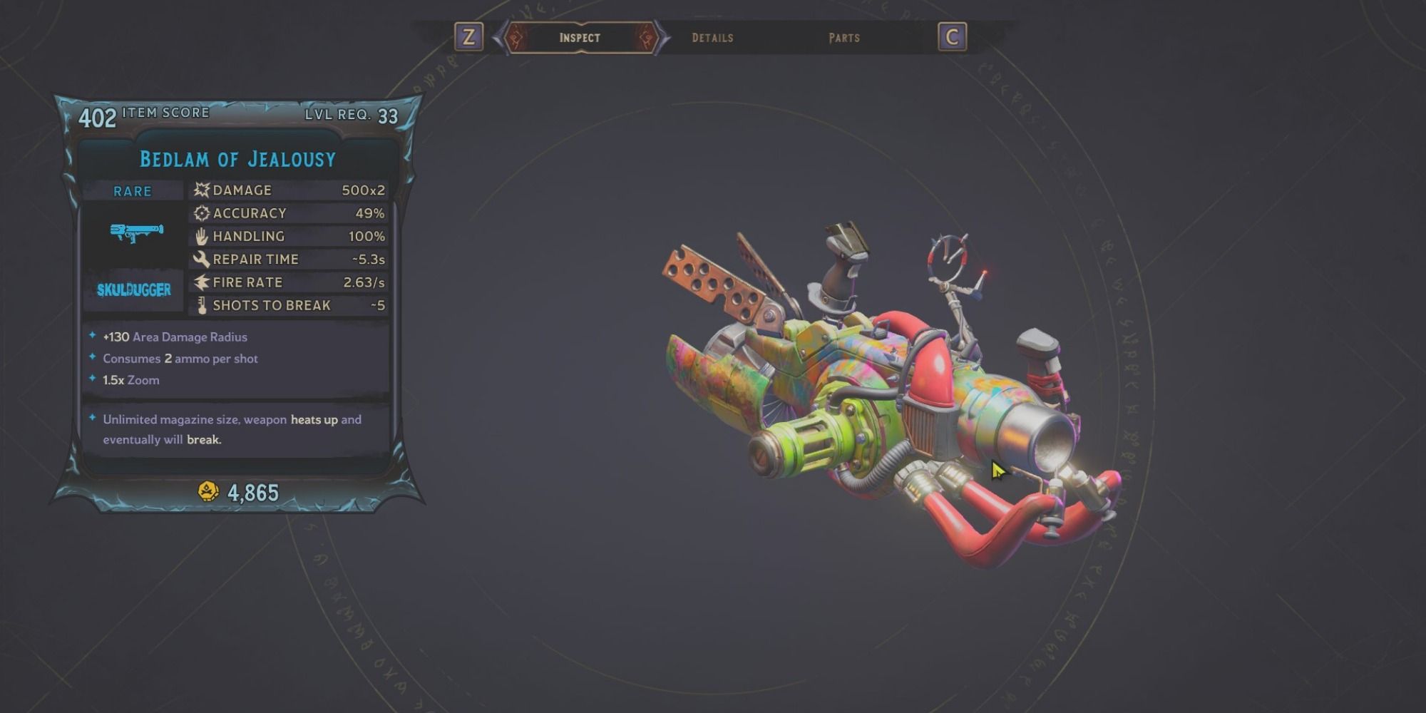 Bedlam of Jealousy heavy weapon on purple background of inspect menu