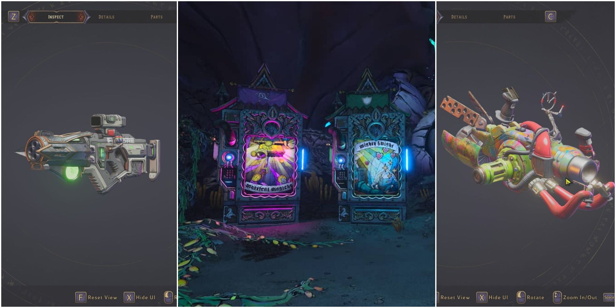 split image from left to right: Heirloom weapon, vending machines in Drowned Abyss, and Bedlam weapon