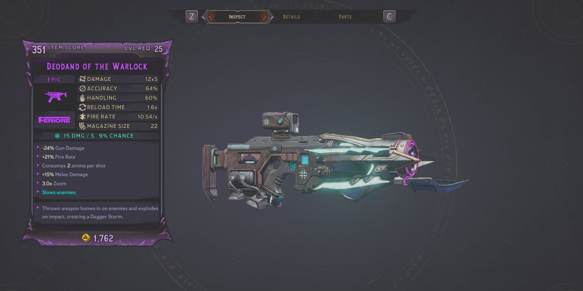Deodand Of The Warlock SMG on a purple background of inspect menu