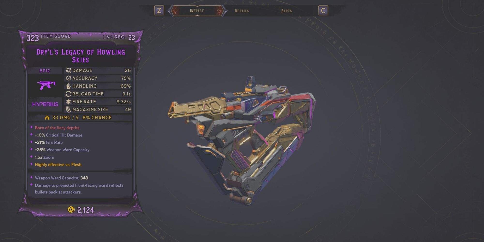 Dry'l's Legacy Of Howling Skies SMG on purple background of inspect menu
