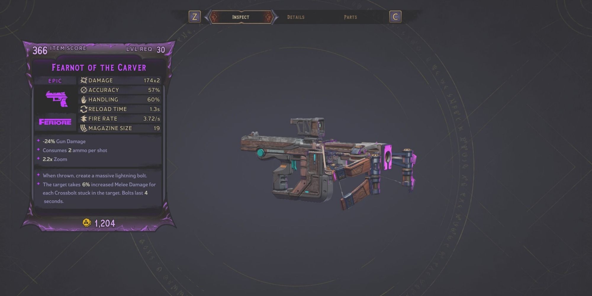 Fearnot Of The Carver pistol on purple background of inspect menu