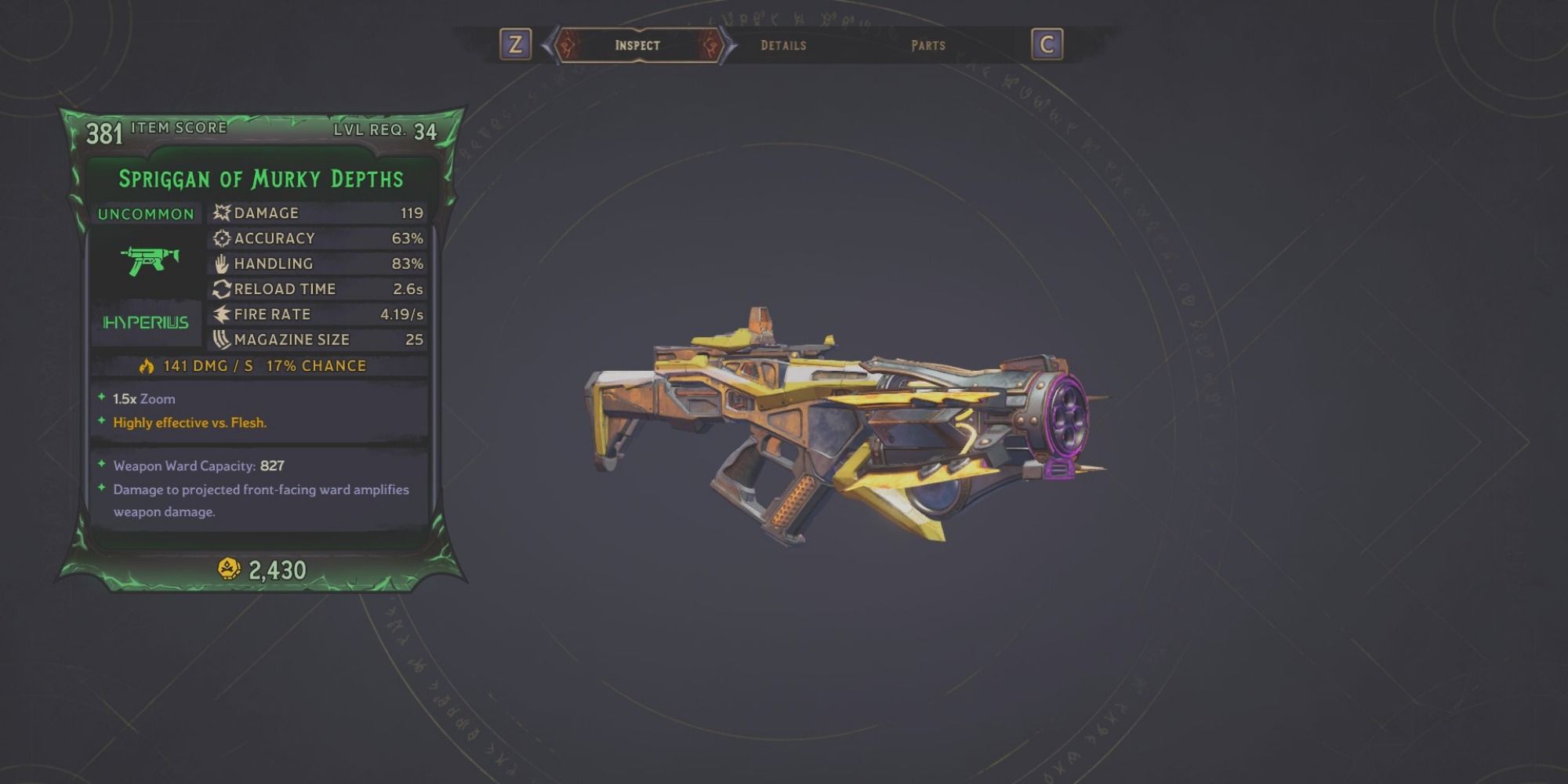Spriggan SMG on purple background of inspect menu