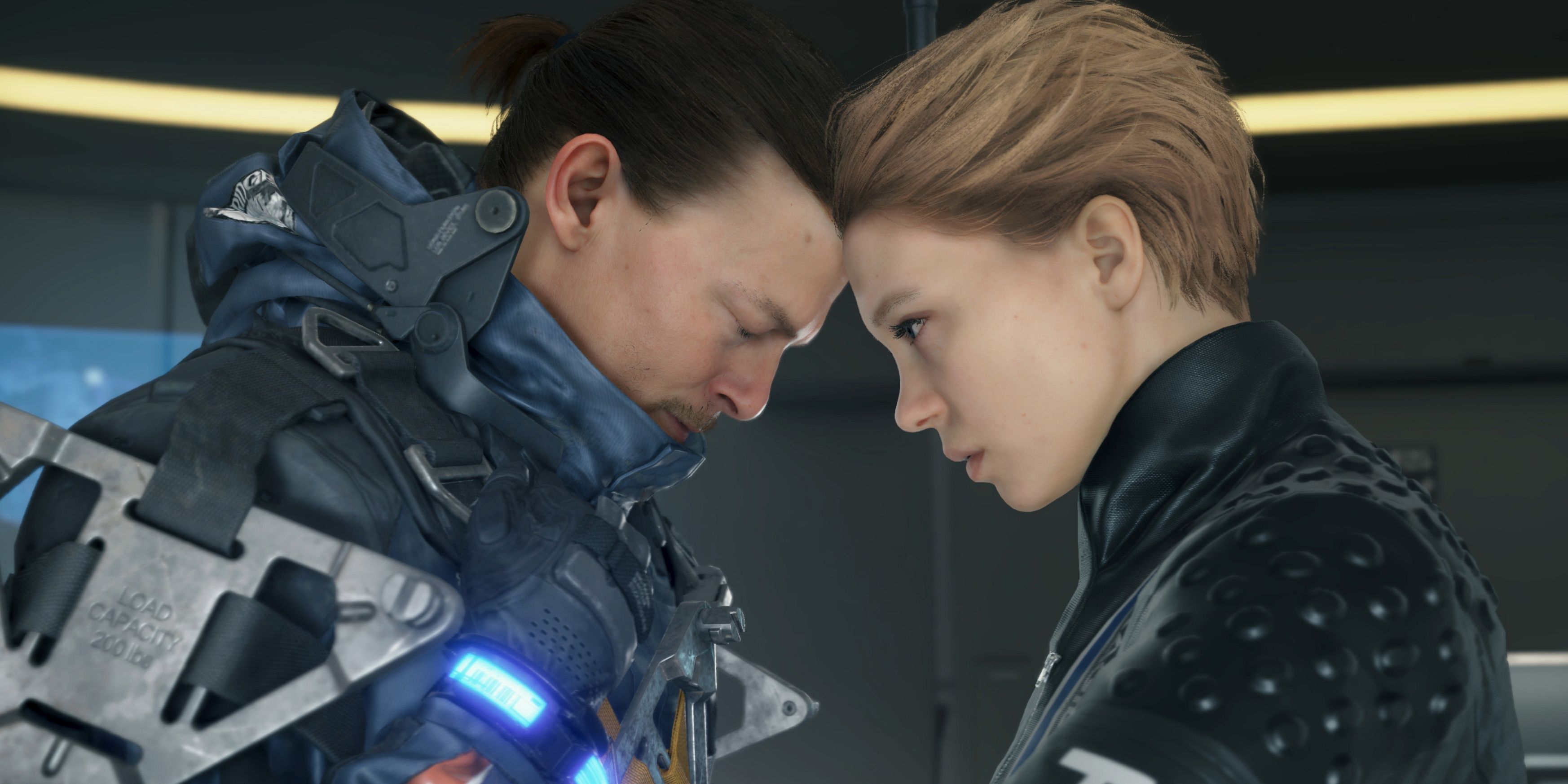 Sam Porter Bridges and Fragile press their heads together in embrace in Death Stranding