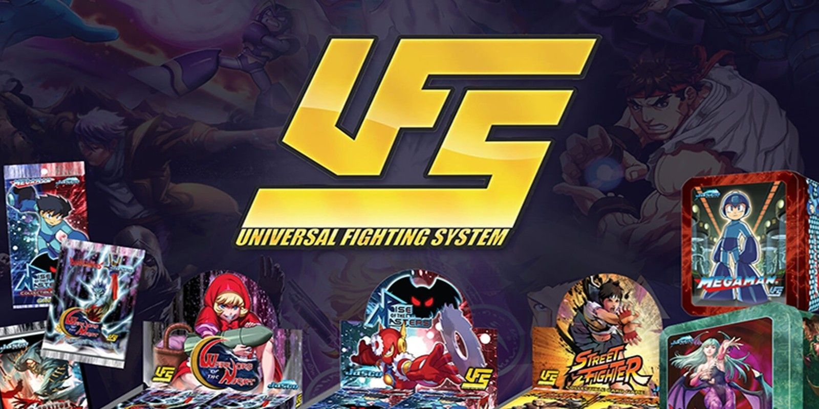 Multiple booster boxes and booster packs of Universal Fighting System featuring characters from Street Fighter, Darkstalkers, Mortal Kombat, MegaMan and more